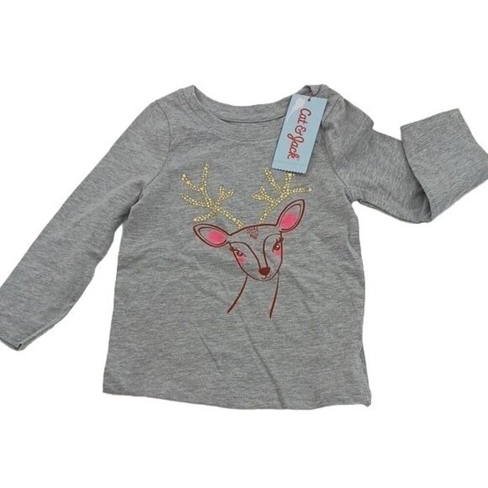 Cat & Jack Reindeer Shirt Holiday Gray Long Sleeve Crew Neck Toddler Girls